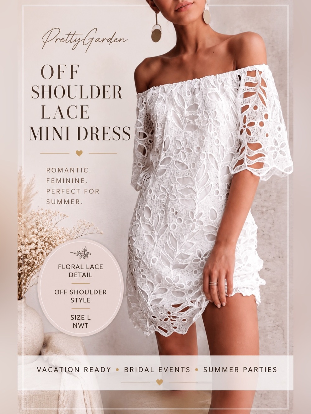 PrettyGarden White Floral Lace Off Shoulder Mini Dress Size L NWT